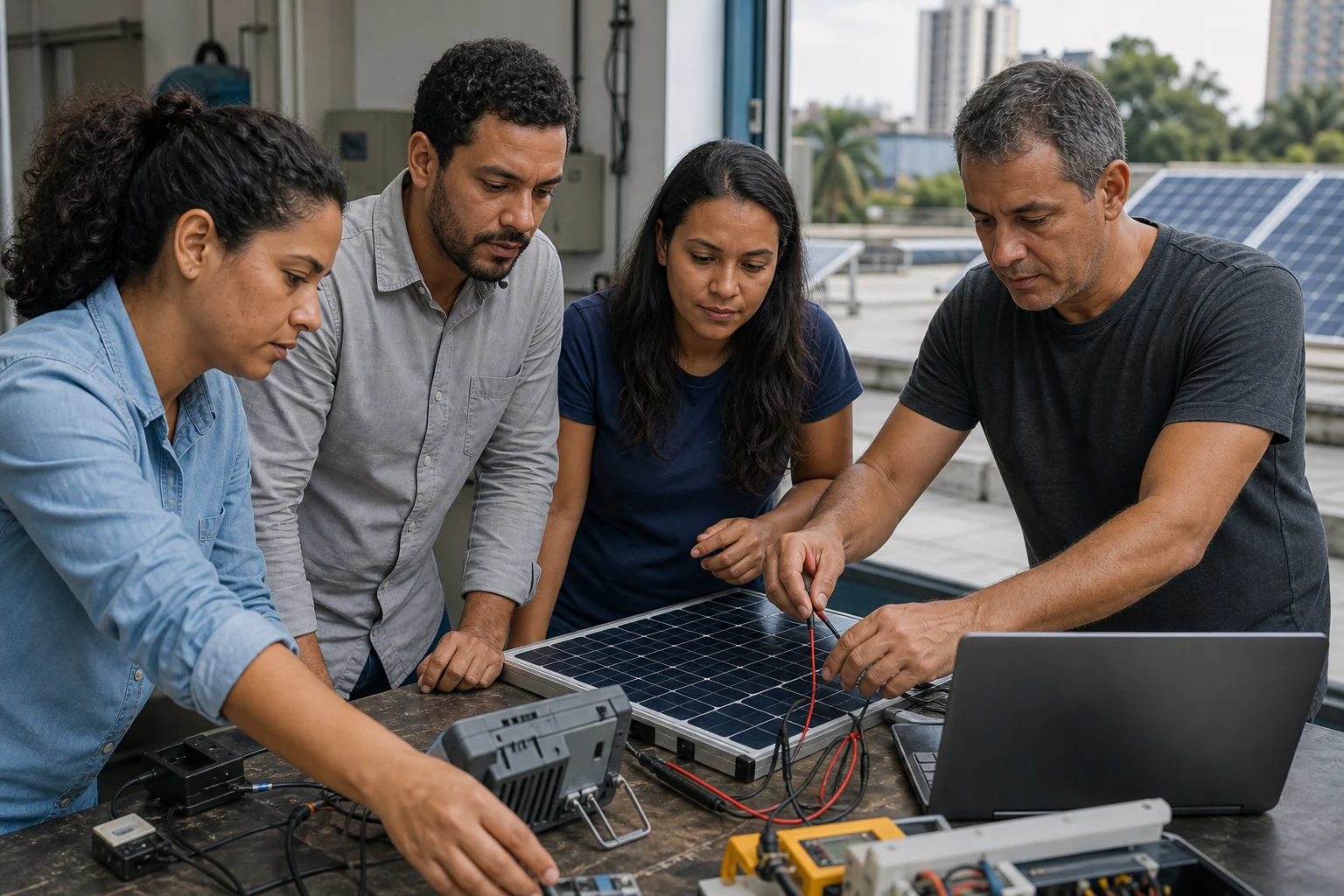 Equipe de engenharia pesquisando tecnologias de energia solar