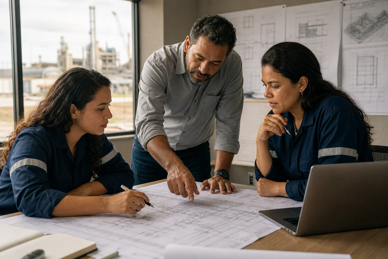 Equipe estruturando um plano de engenharia em ambiente industrial