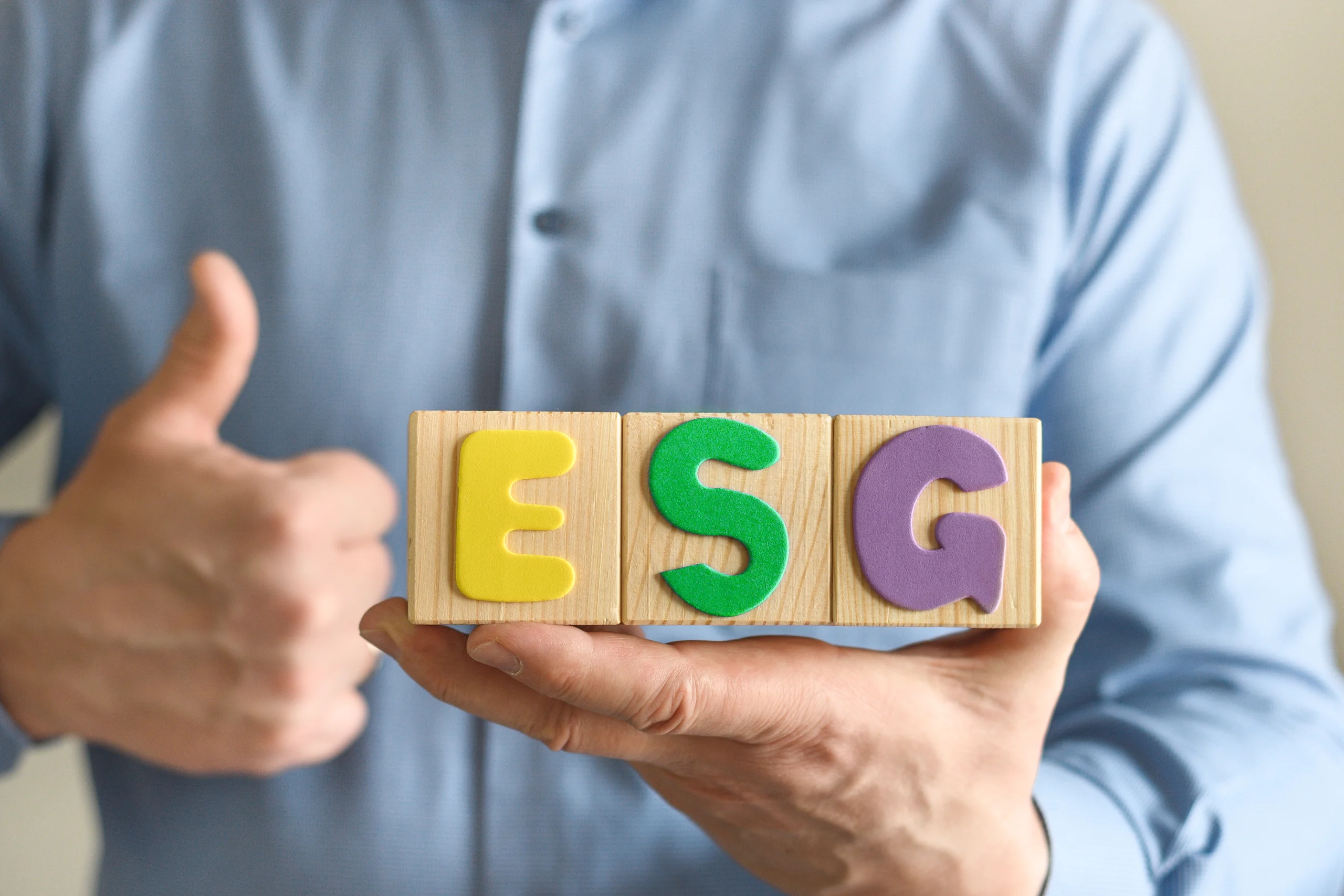 Pessoa segurando blocos de madeira com a sigla ESG