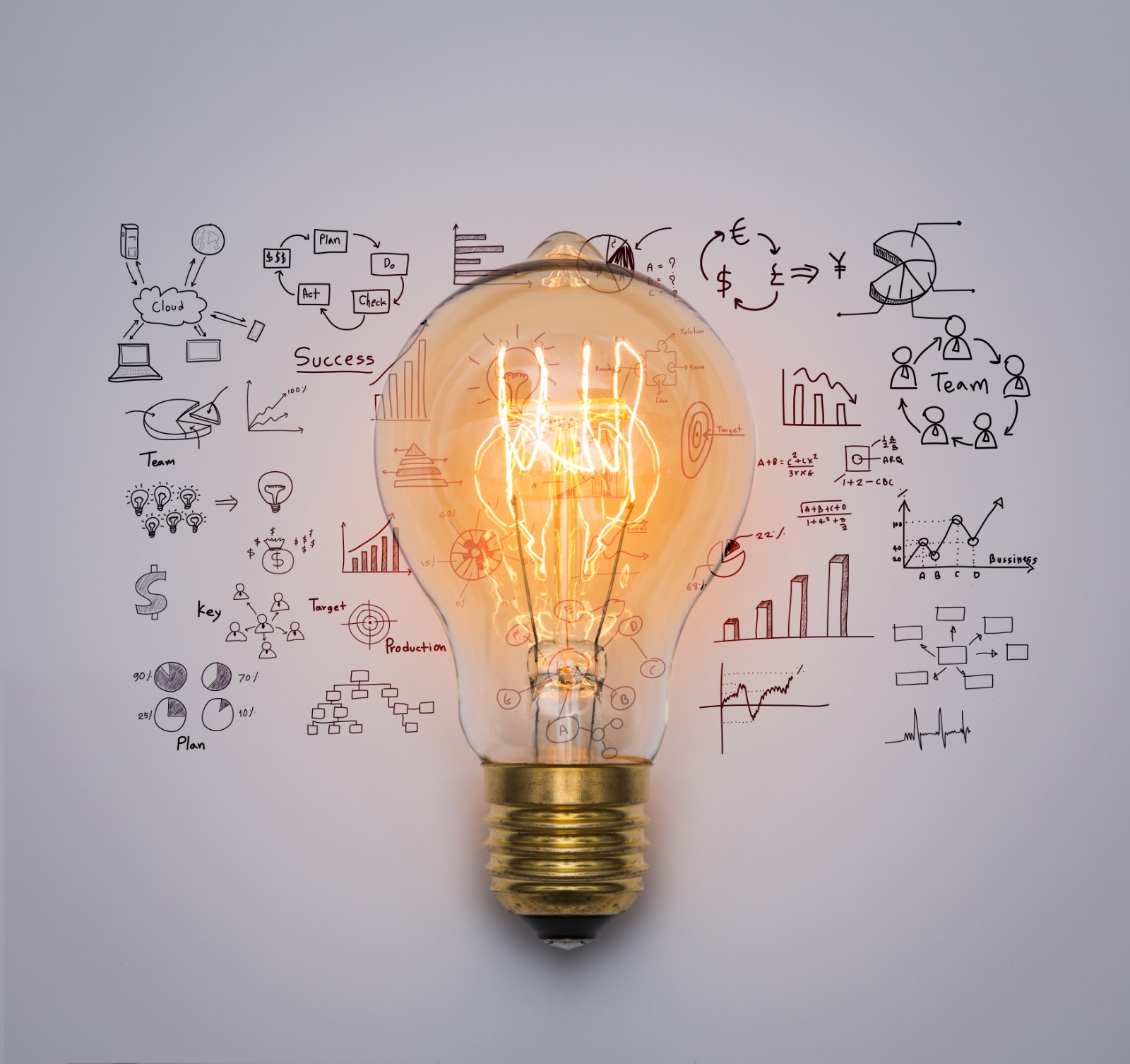 Lit light bulb surrounded by planning and innovation diagrams
