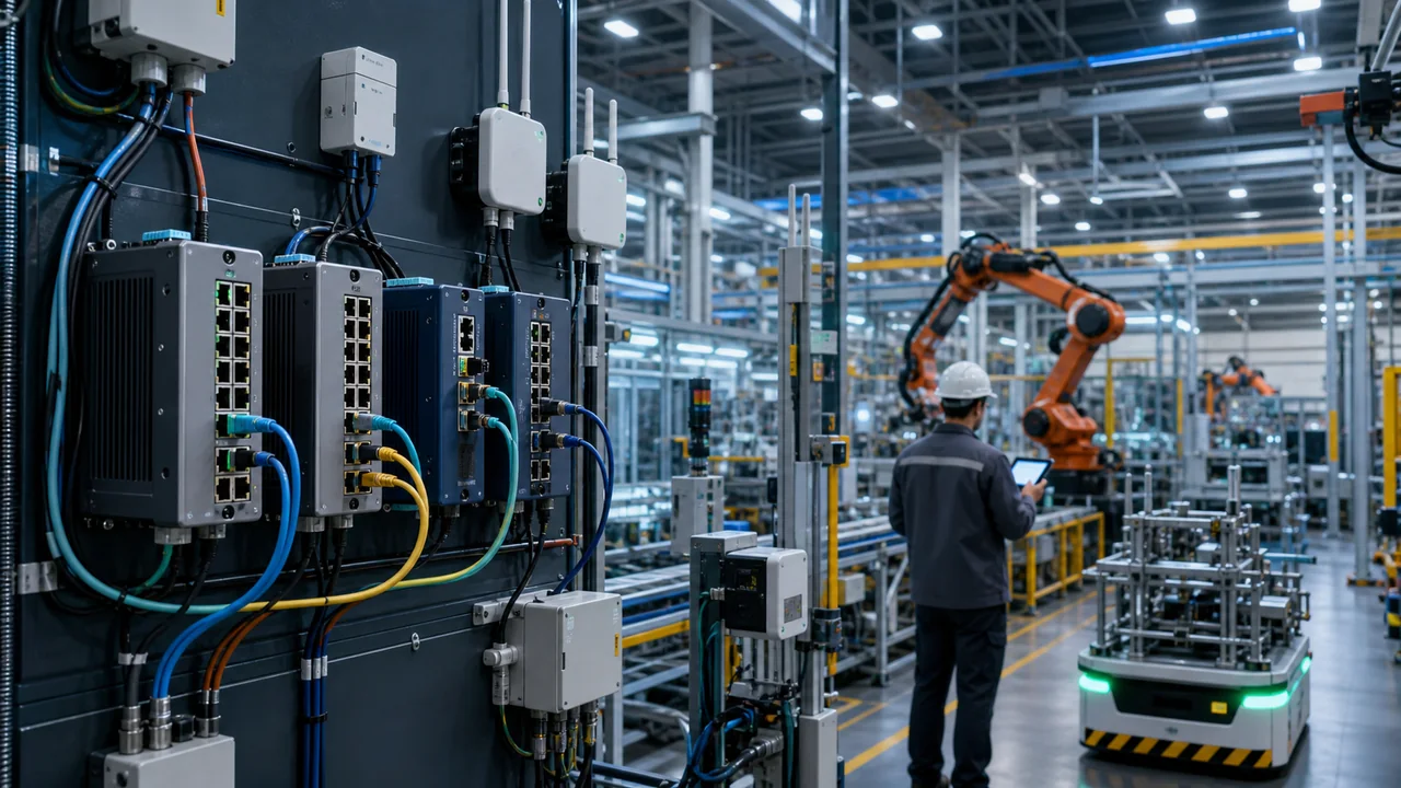 Switches, fibra, rede sem fio e sensores conectam equipamentos de uma fábrica