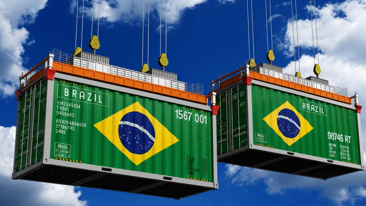 Dois contêineres com bandeiras do Brasil suspensos por guindastes
