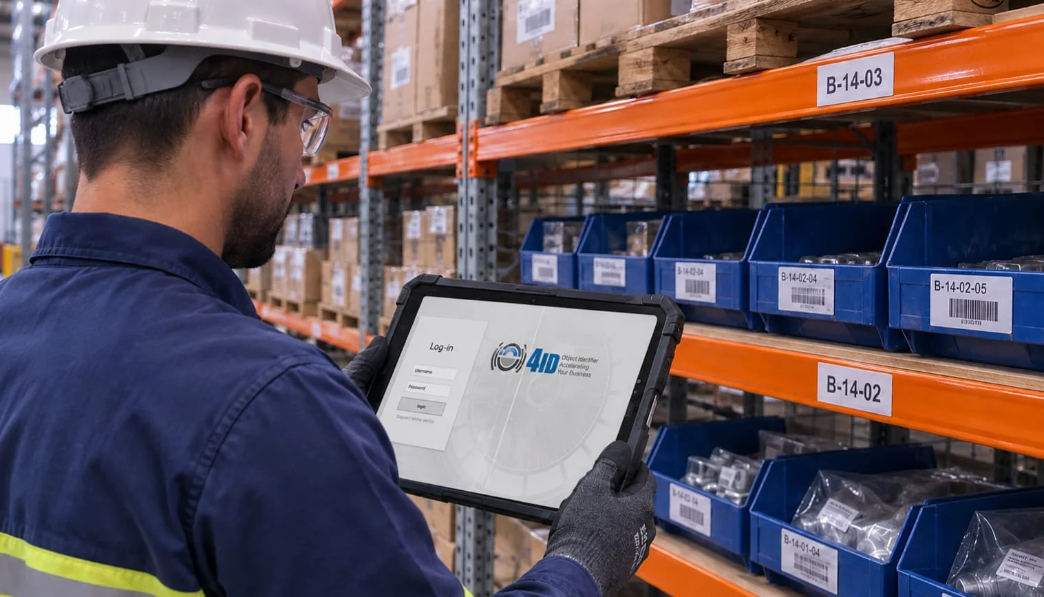 Professional using the 4ID platform on an industrial tablet in a warehouse