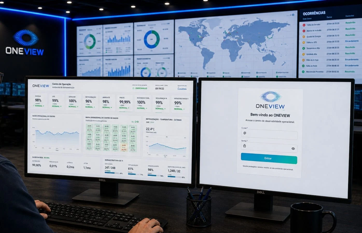 OneView operations center with observability dashboards and incident tracking