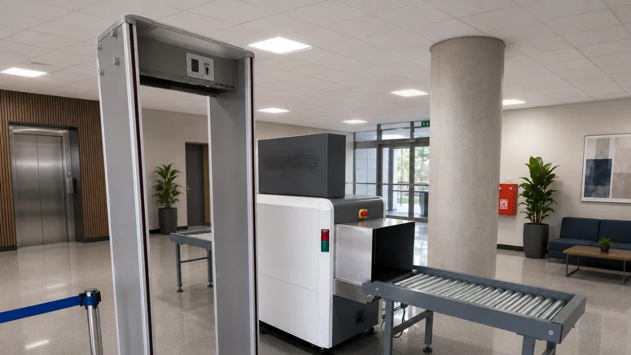 Portal detector de metais e equipamento de inspeção de bagagens por raios X