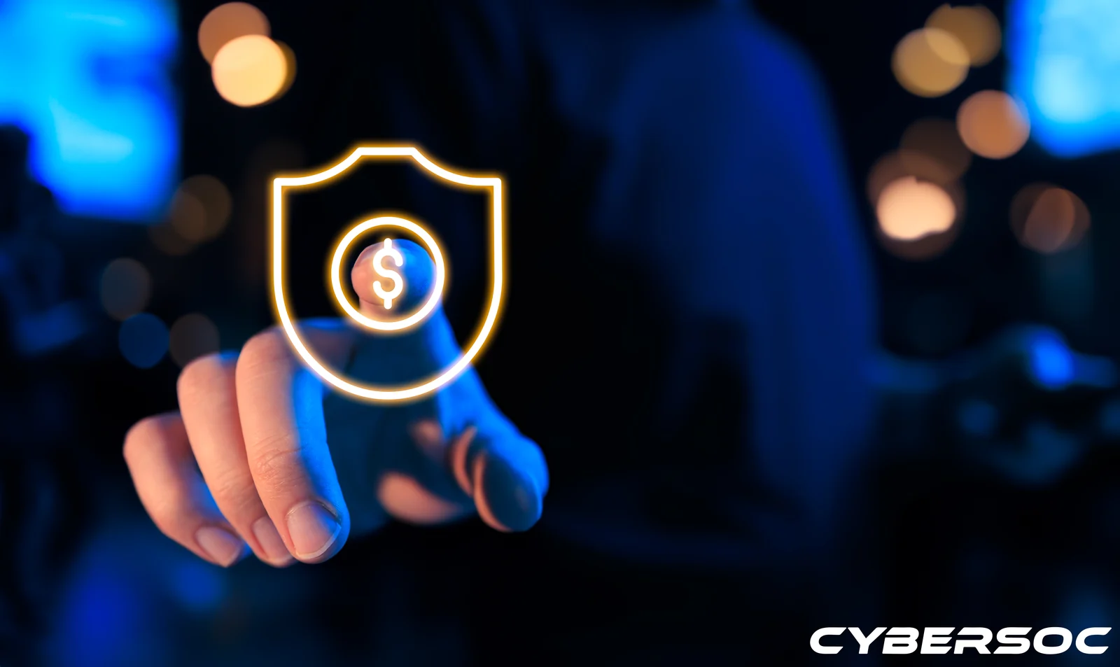 Person touching a digital shield with financial symbol next to the CyberSOC logo