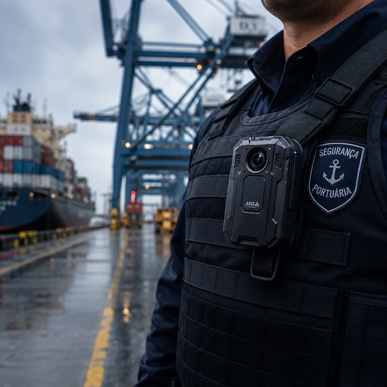 Axis body camera on a port security guard's uniform in front of a container terminal