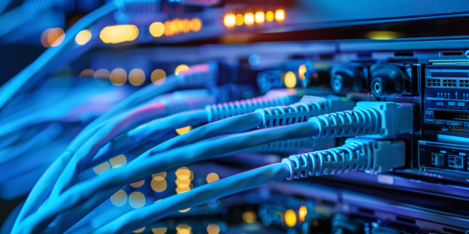 Cabos de rede conectados a equipamentos de infraestrutura digital